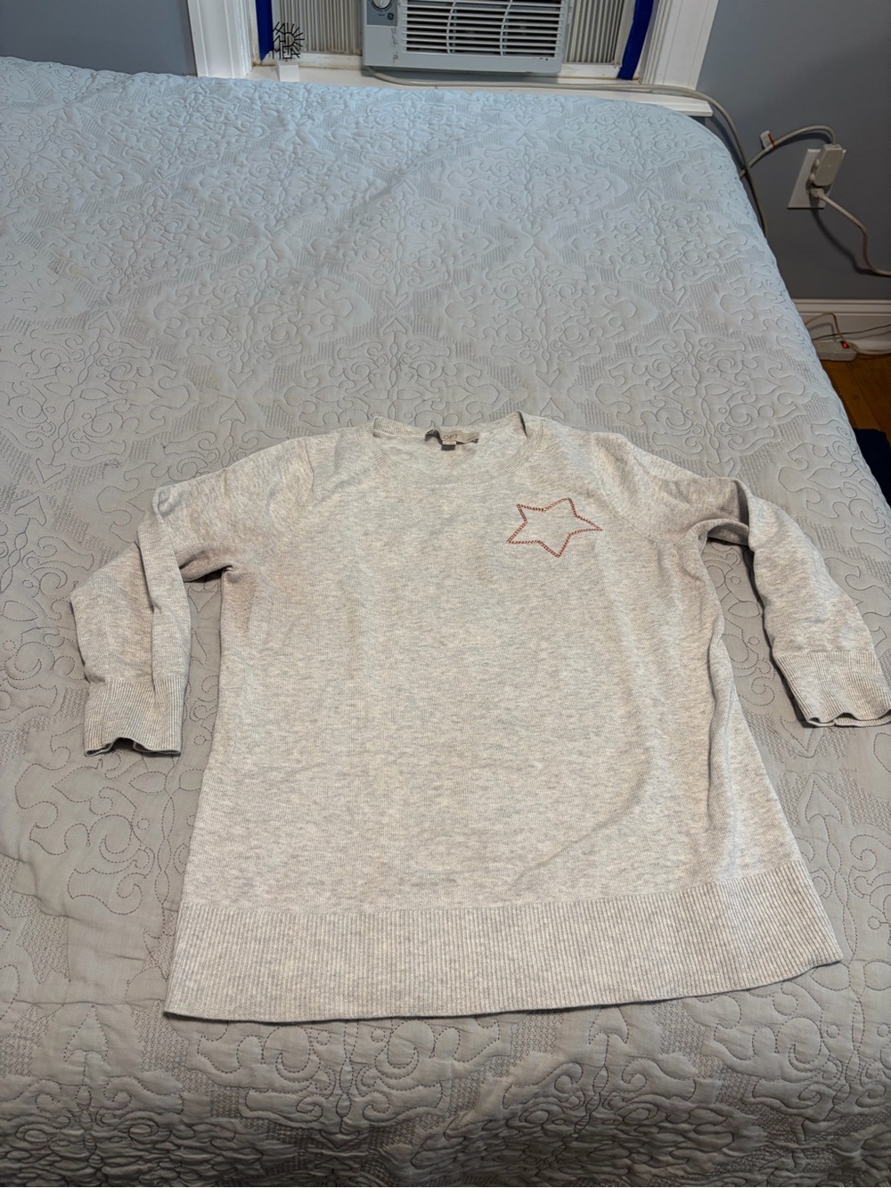 LOFT Light Gray Crewneck Sweater with Star Detail